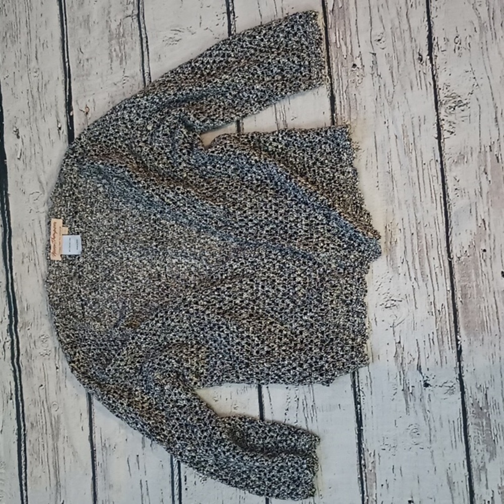Norm Thompson Black White Open Knit Linen Cotton Shrug Open Cardigan L